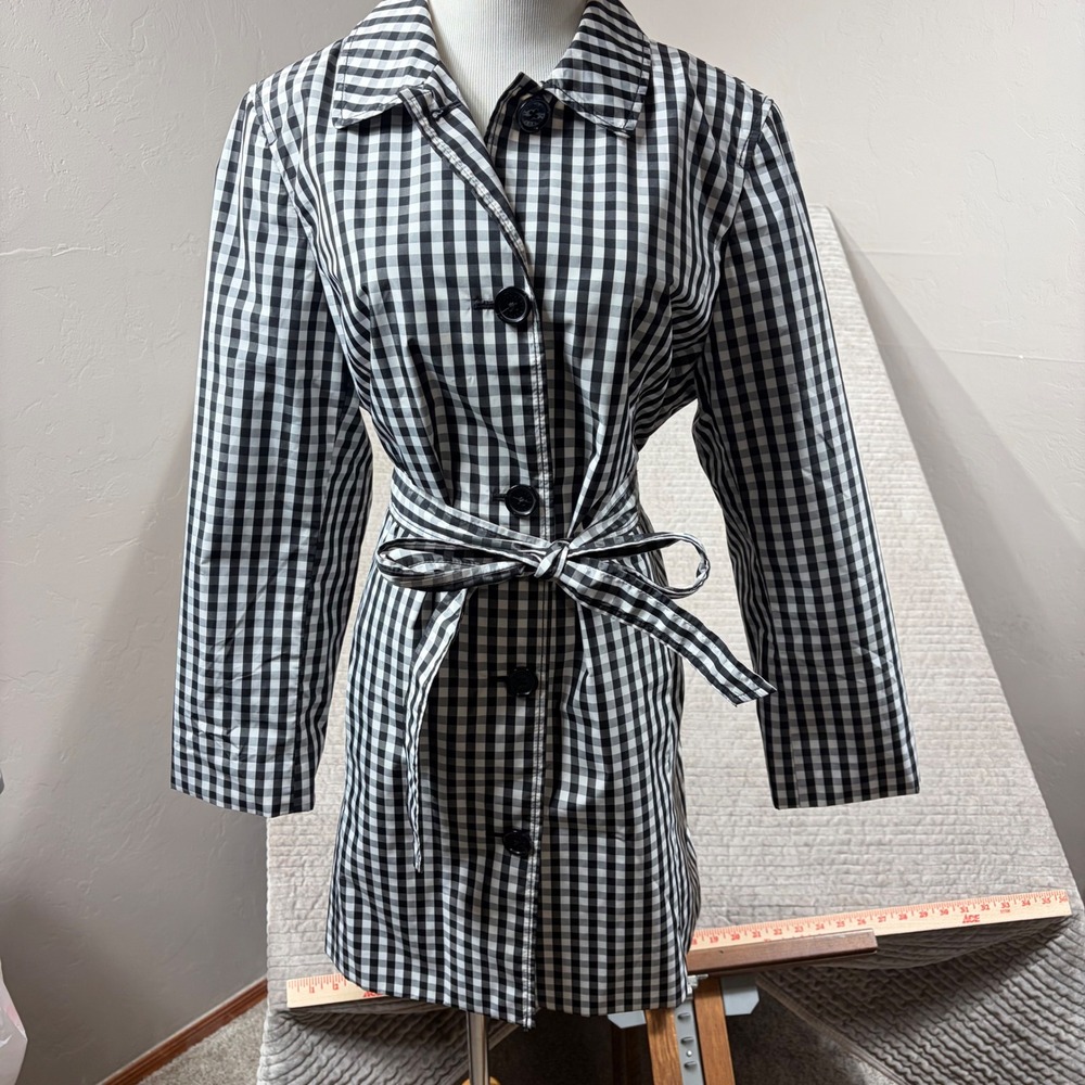Talbots Petite Black White Gingham Trench/Rain Coat Belted Jacket 14P